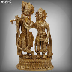 Brass Radha Krishna Idol / Murti / Statue – Handcrafted Gopala, Shyam Radha, Banke Bihari, Jagannatha, Keshava, Radha Ramana Sculpture for Pooja, Home Temple, Festival Decoration & Spiritual Gift,Gold, 12 Inch, 1 Piece