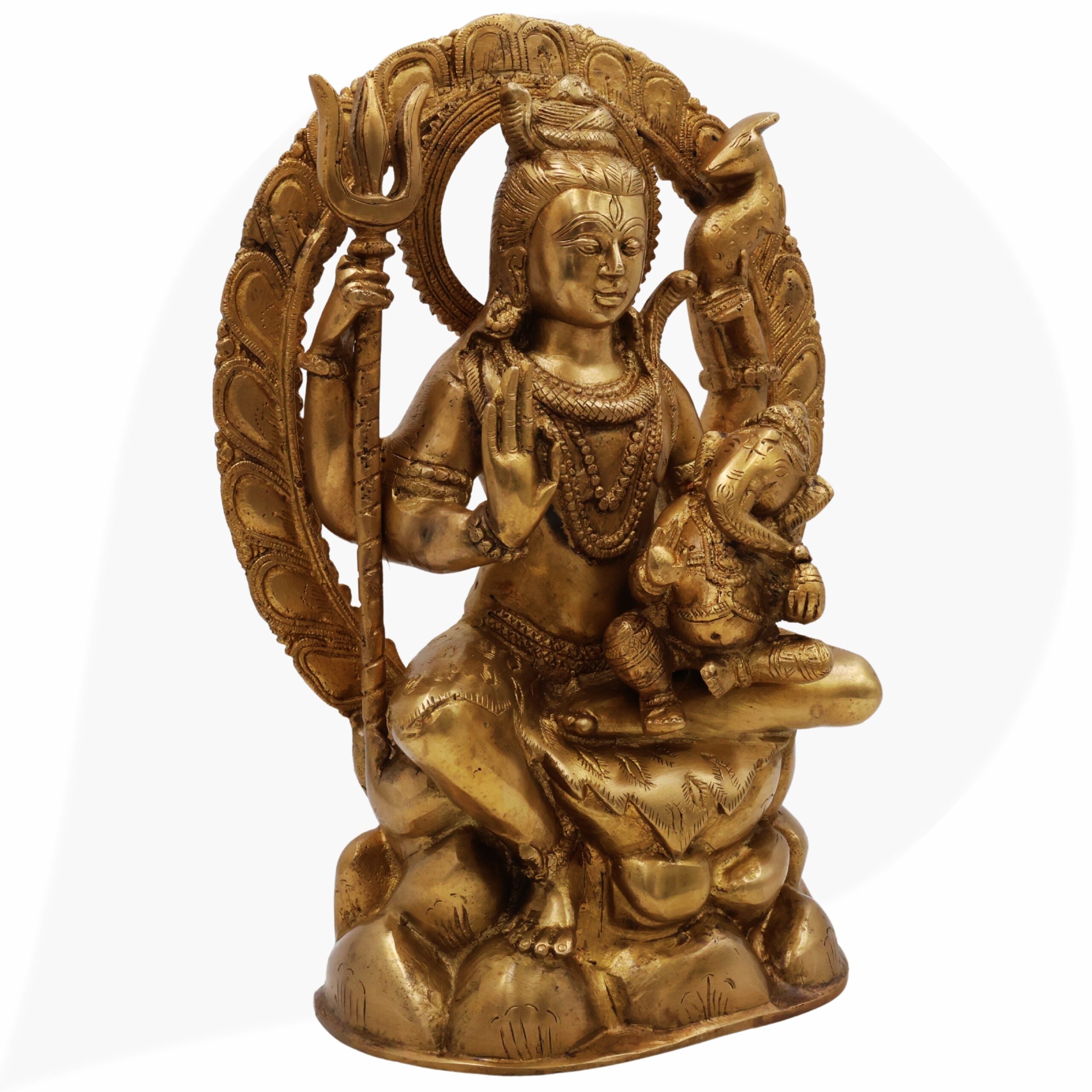 Brass Shiva With Ganesh Idol | Handcrafted Shiv Ganesh Murti, Mahadev With Vinayaka Statue, Bholenath With Ganpati Figurine, Shiv Parvati Ganesh Pital Moorti For Home, Temple & Gifting,Gold, 12 Inch, 1 Piece