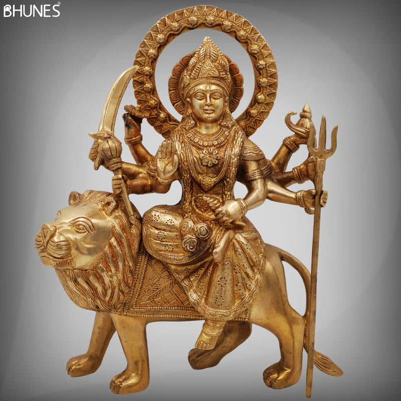 Brass Durga Idol | Mahishasura Mardini Maa Durga Murti | Handcrafted Peetal Shakti Statue for Home Temple, Navratri Pooja & Gifts,Gold, 12 Inch, 1 Piece