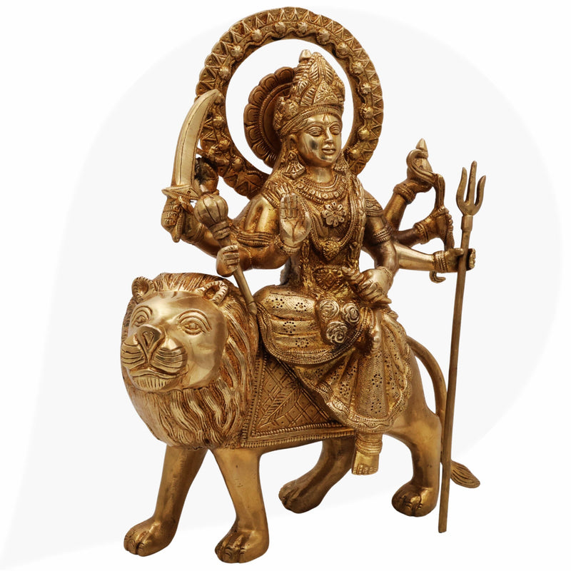 Brass Durga Idol | Mahishasura Mardini Maa Durga Murti | Handcrafted Peetal Shakti Statue for Home Temple, Navratri Pooja & Gifts,Gold, 12 Inch, 1 Piece
