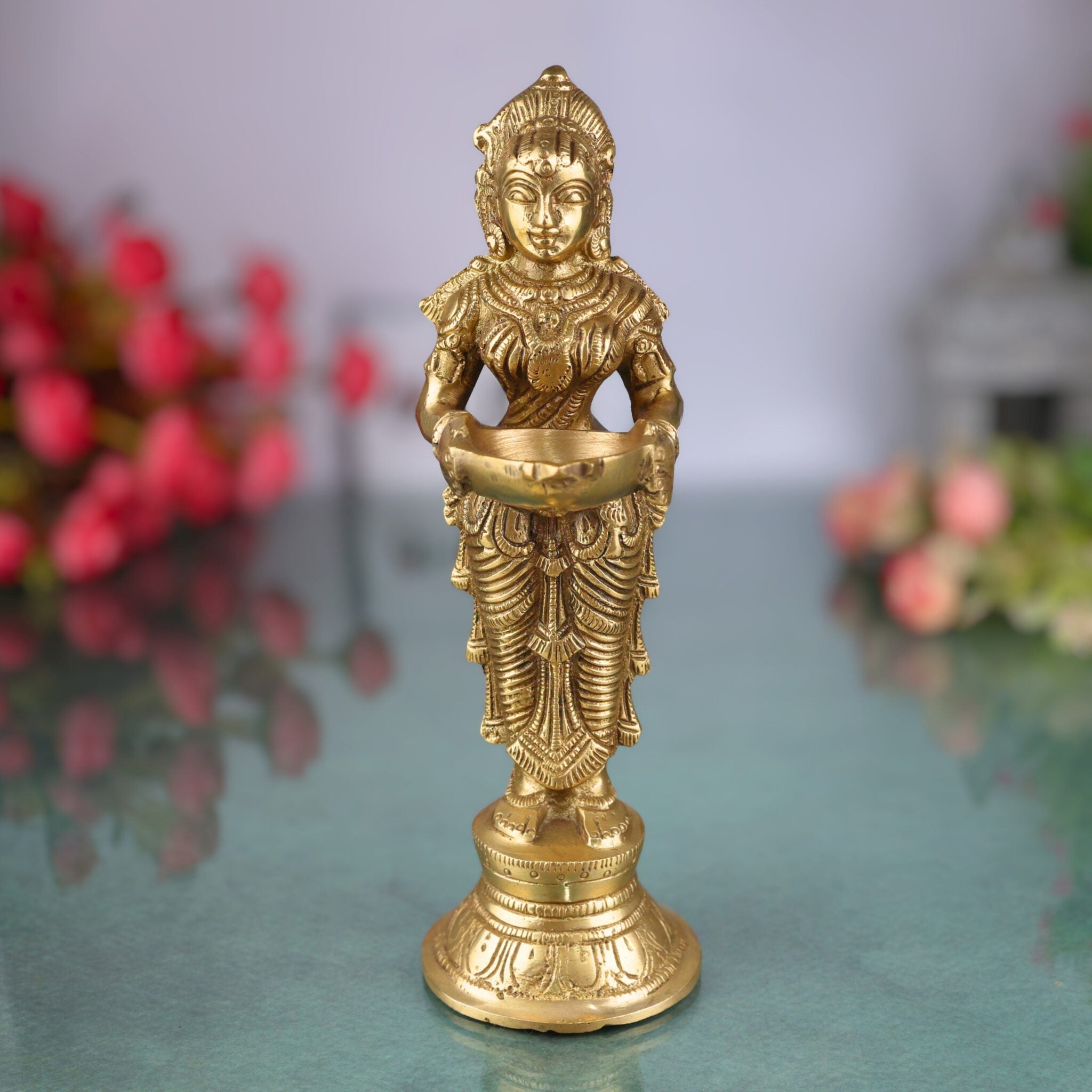 Handmade Brass Diya Lady,  Deep Lakshmi Sculpture, Lamp Figurine, Peetal/Pittal Indian Art for Home & Temple Decor,Gold, 9 Inch, 1 Piece