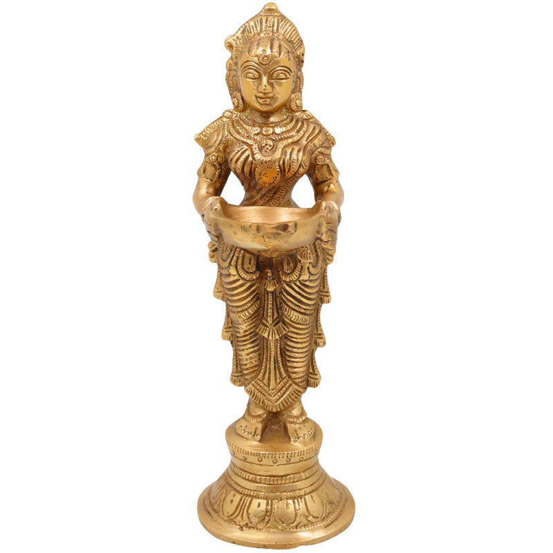 Handmade Brass Diya Lady,  Deep Lakshmi Sculpture, Lamp Figurine, Peetal/Pittal Indian Art for Home & Temple Decor,Gold, 9 Inch, 1 Piece