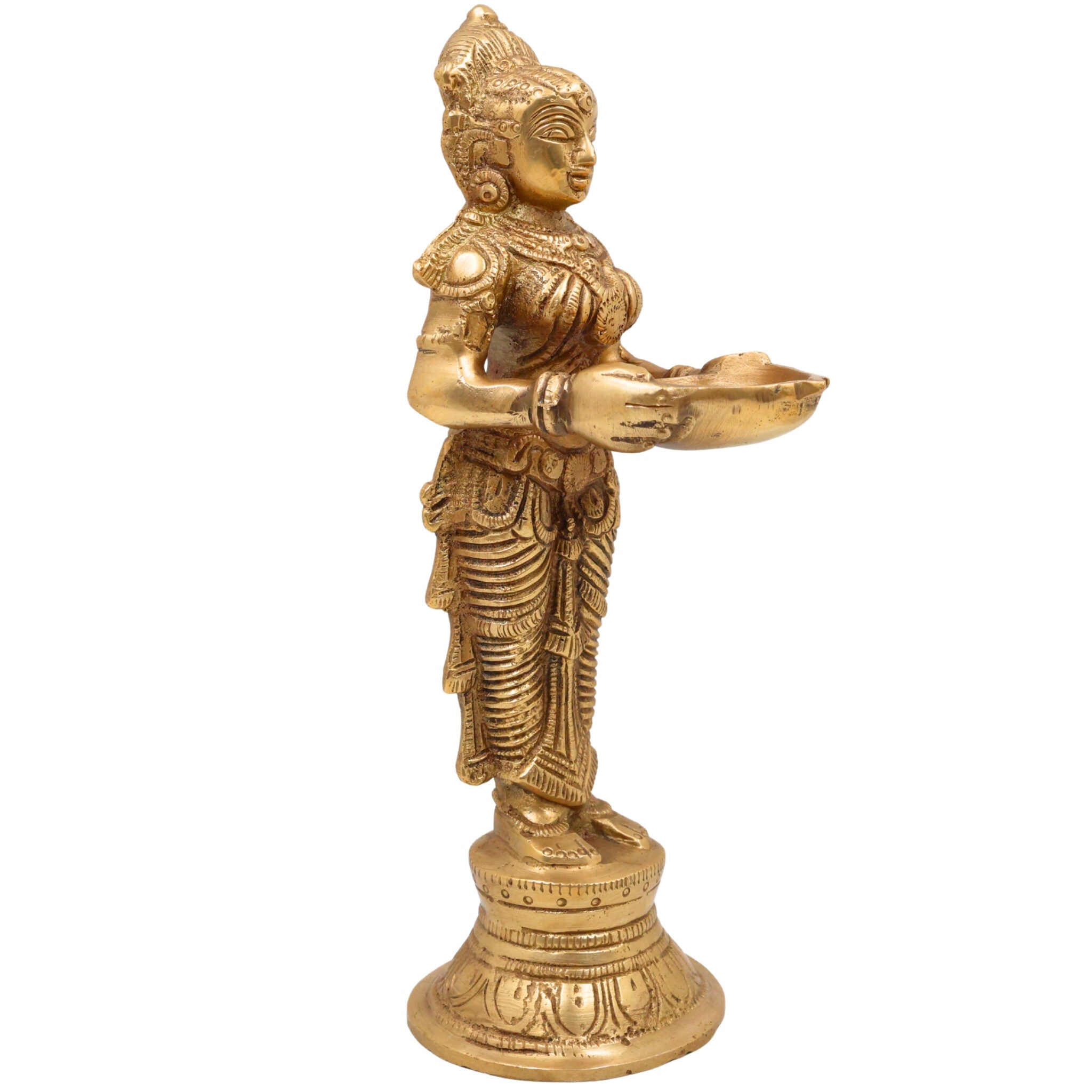 Handmade Brass Diya Lady,  Deep Lakshmi Sculpture, Lamp Figurine, Peetal/Pittal Indian Art for Home & Temple Decor,Gold, 9 Inch, 1 Piece