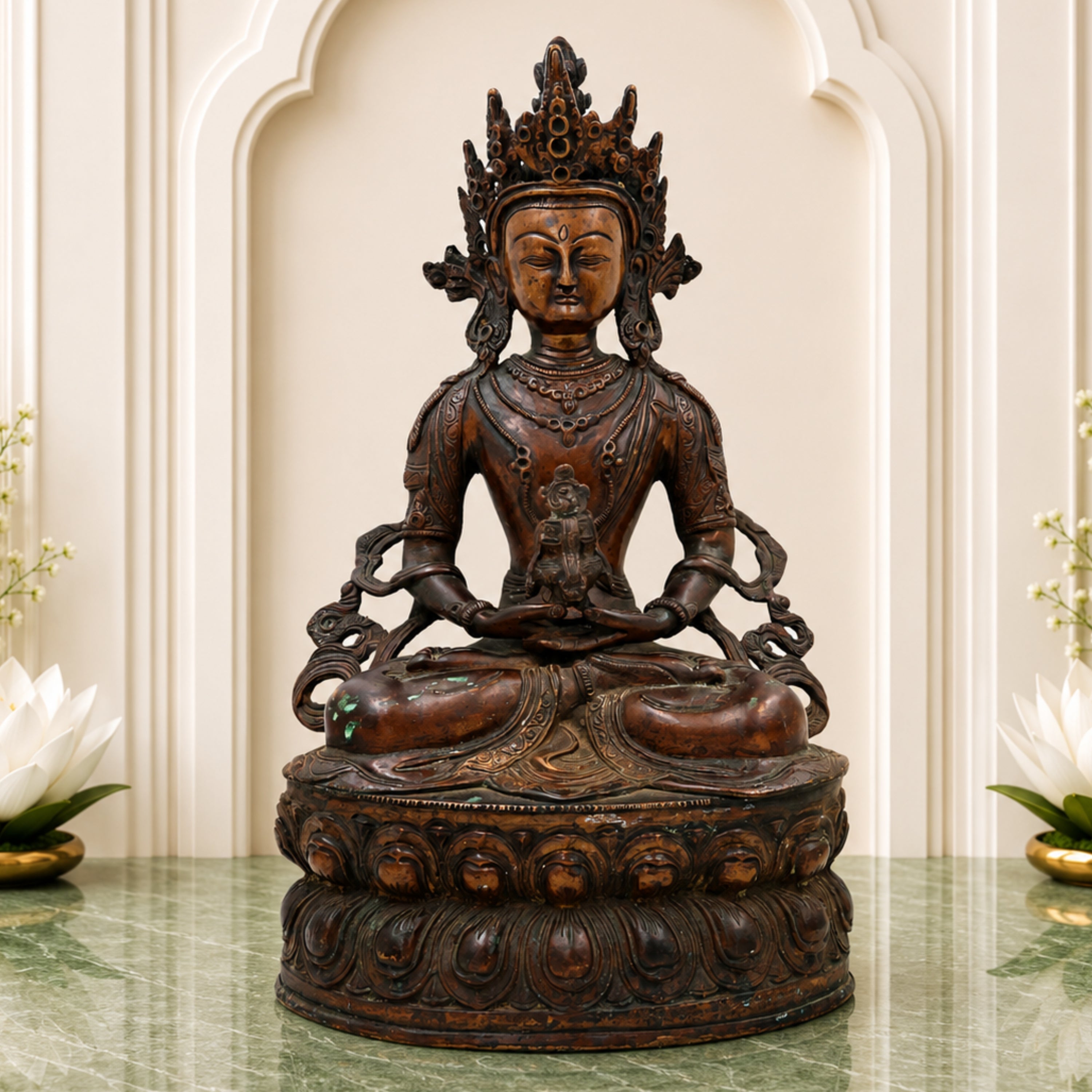 Brass Lokeshwar Buddha Idol – Avalokiteshvara Murti, Bodhisattva of Compassion Statue for Home, Temple, Puja, Office Decor & Spiritual Gifts,Brown, 14 Inch, 1 Piece