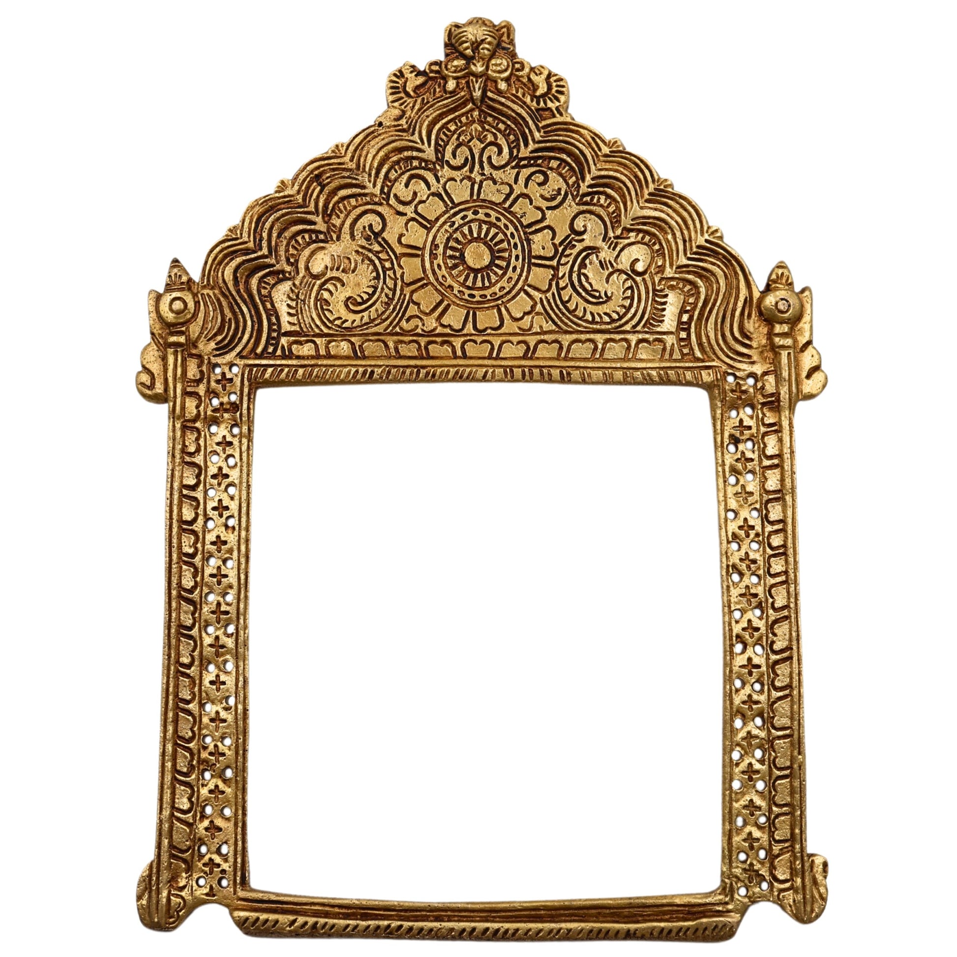 Bhunes Brass Traditional Prabhavali Arch Frame – Wall Hanging Prabhawali for Home Temple Decor | Prabhaval for Deity Idol | Kirtimukha Brass Backdrop, Gold, 11 Inch, 1 Piece