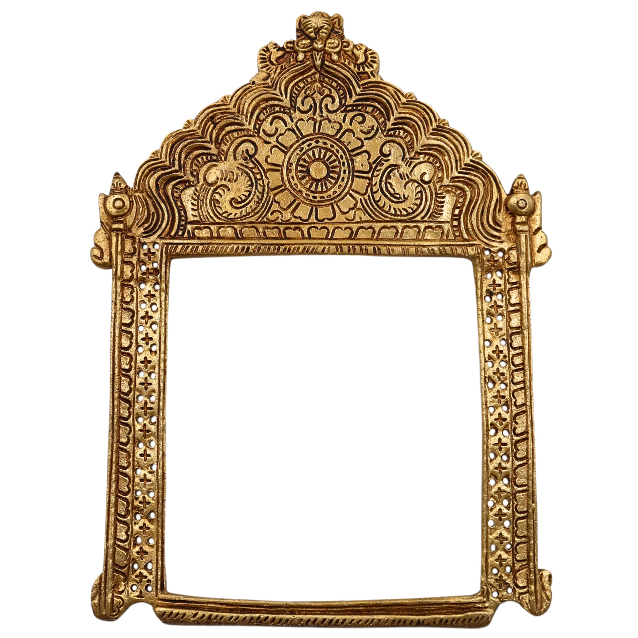 Bhunes Brass Traditional Prabhavali Arch Frame – Wall Hanging Prabhawali for Home Temple Decor | Prabhaval for Deity Idol | Kirtimukha Brass Backdrop, Gold, 11 Inch, 1 Piece