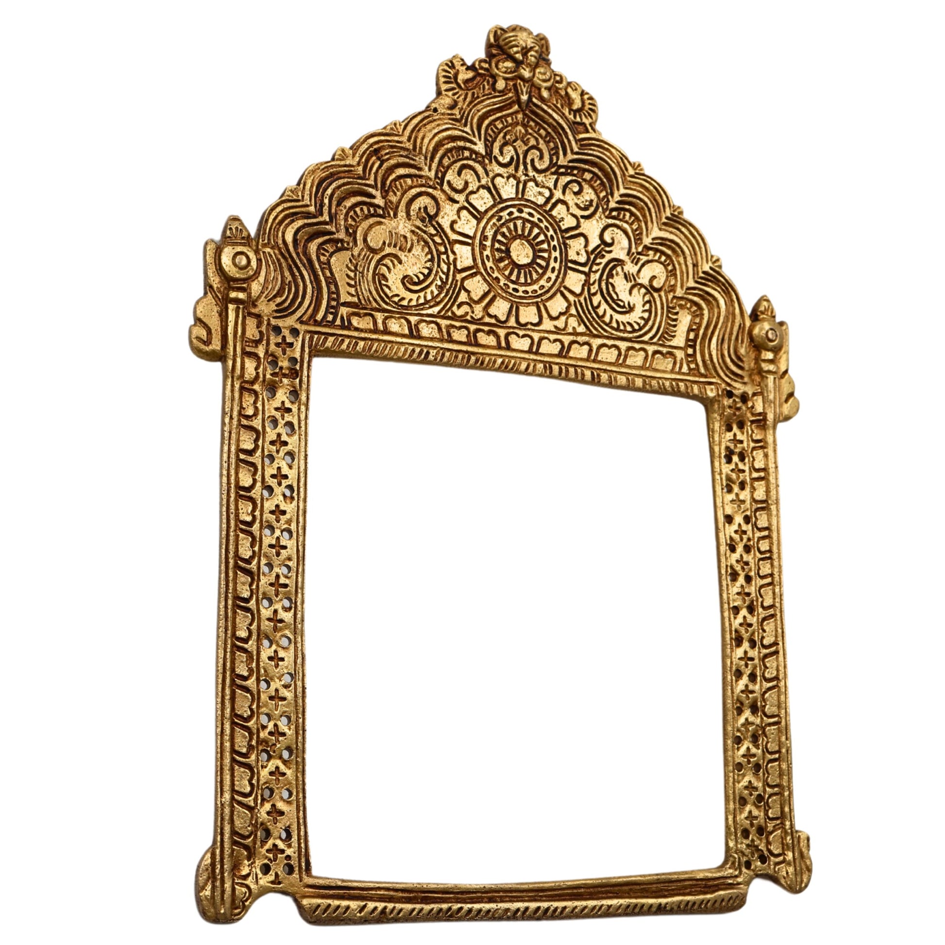 Bhunes Brass Traditional Prabhavali Arch Frame – Wall Hanging Prabhawali for Home Temple Decor | Prabhaval for Deity Idol | Kirtimukha Brass Backdrop, Gold, 11 Inch, 1 Piece