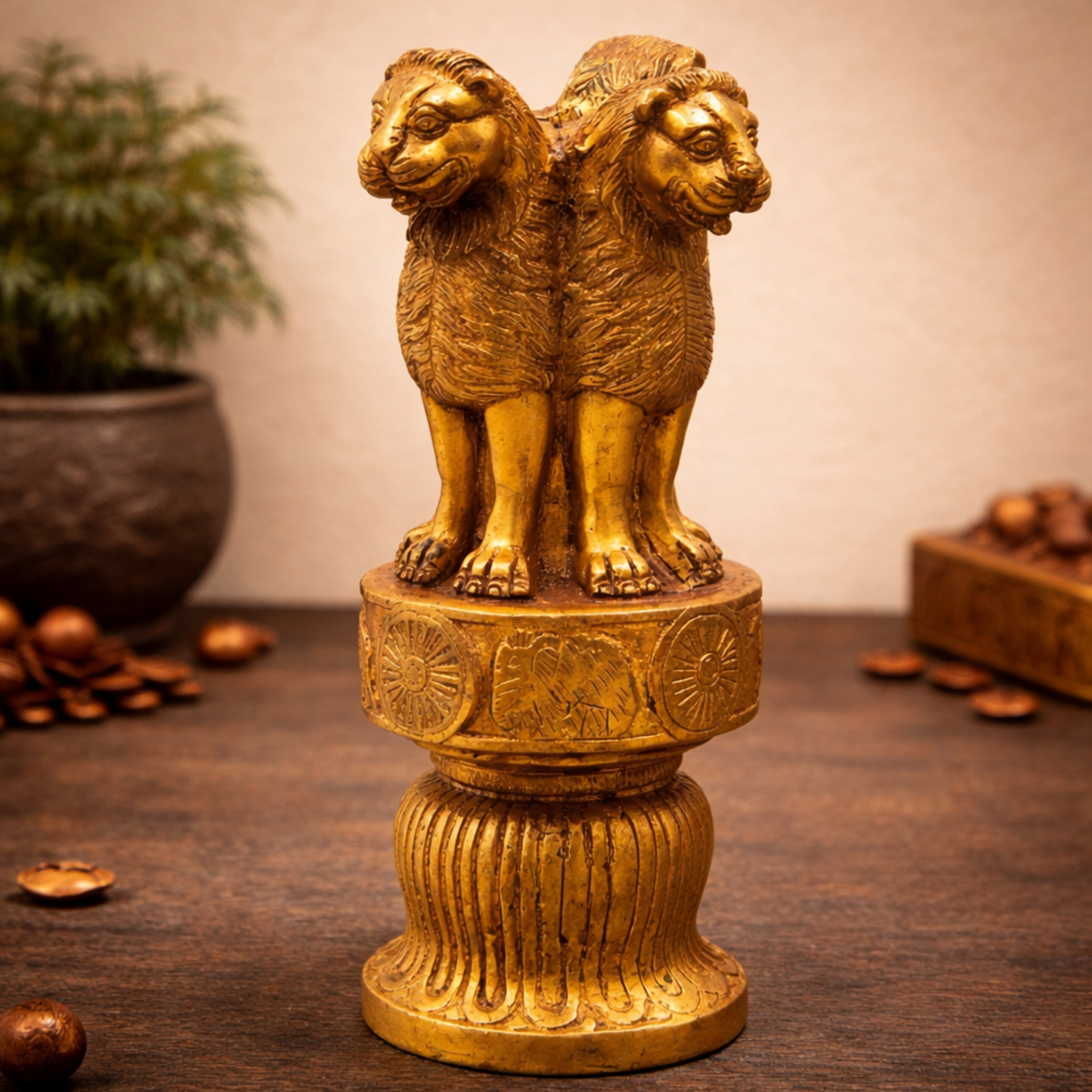 Brass Ashoka Pillar, National Emblem India, Lion Capital, Peetal Pittal Decorative Ashoka Symbol, 3 Lion,Gold, 10 Inch, 1 Piece