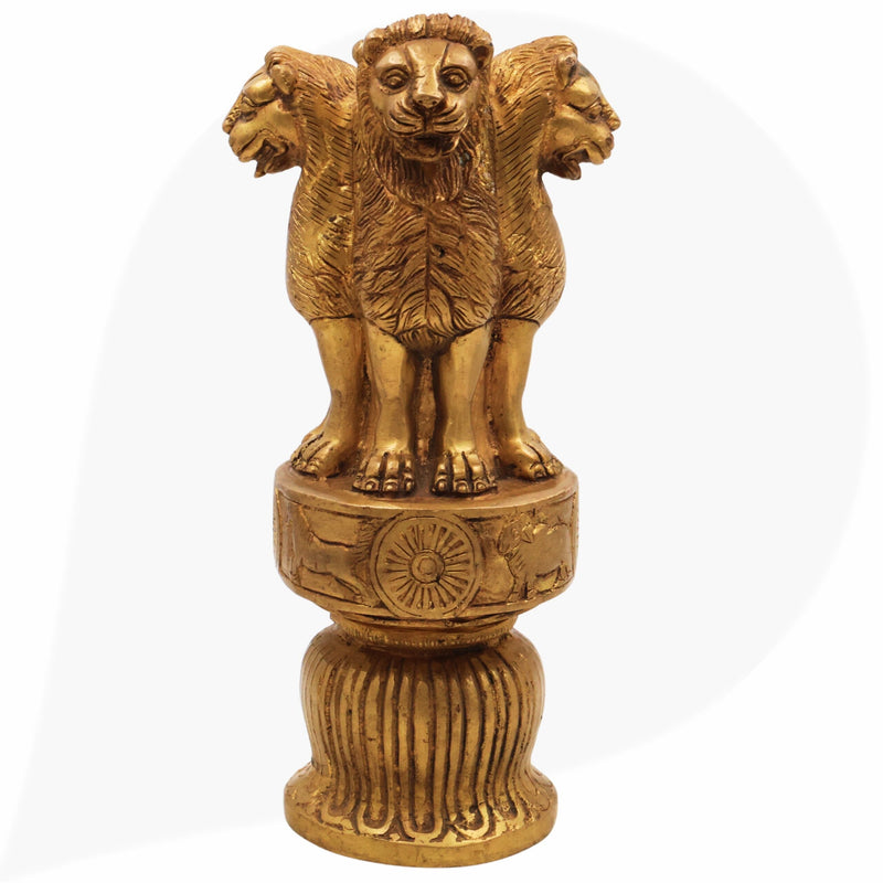 Brass Ashoka Pillar, National Emblem India, Lion Capital, Peetal Pittal Decorative Ashoka Symbol, 3 Lion,Gold, 10 Inch, 1 Piece