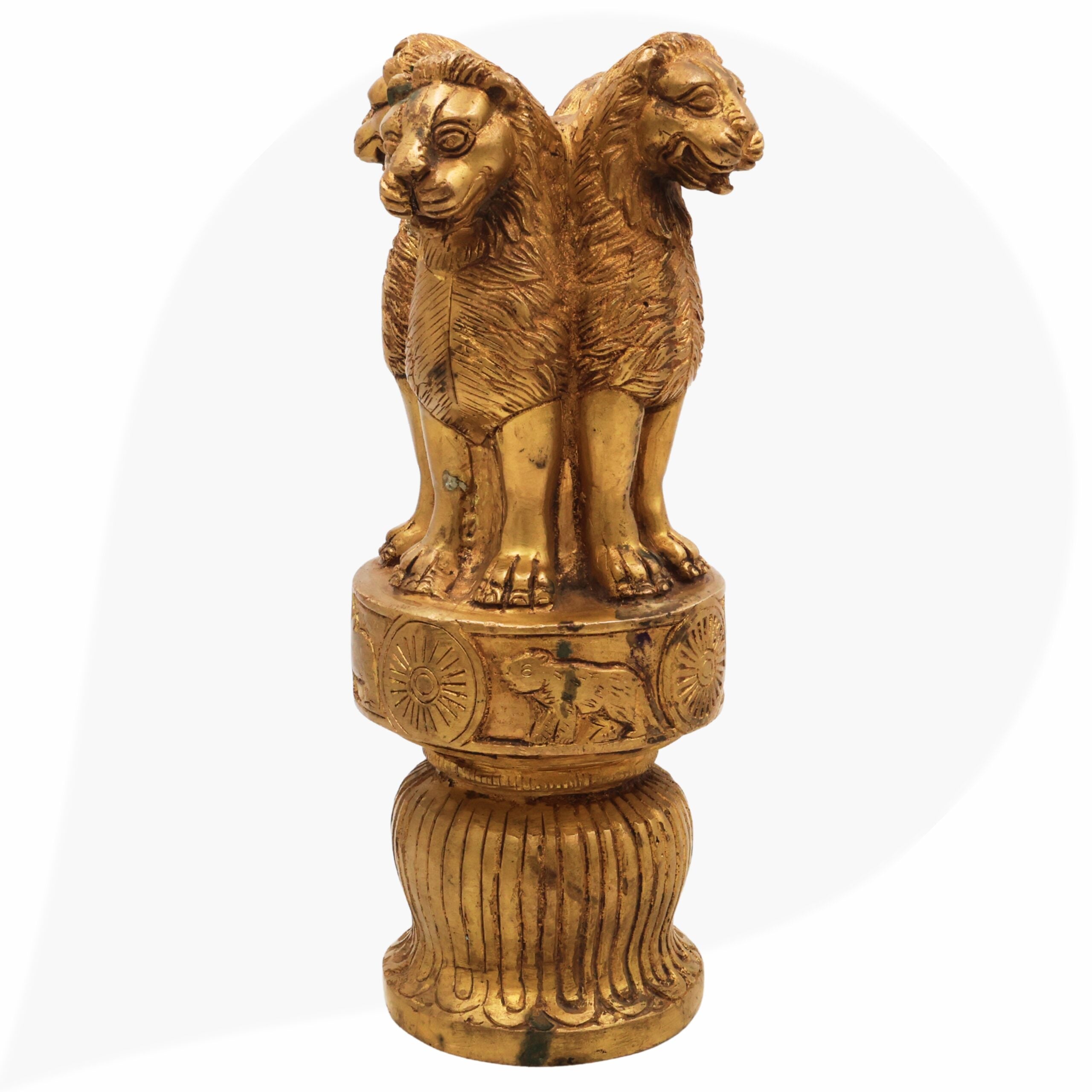 Brass Ashoka Pillar, National Emblem India, Lion Capital, Peetal Pittal Decorative Ashoka Symbol, 3 Lion,Gold, 10 Inch, 1 Piece