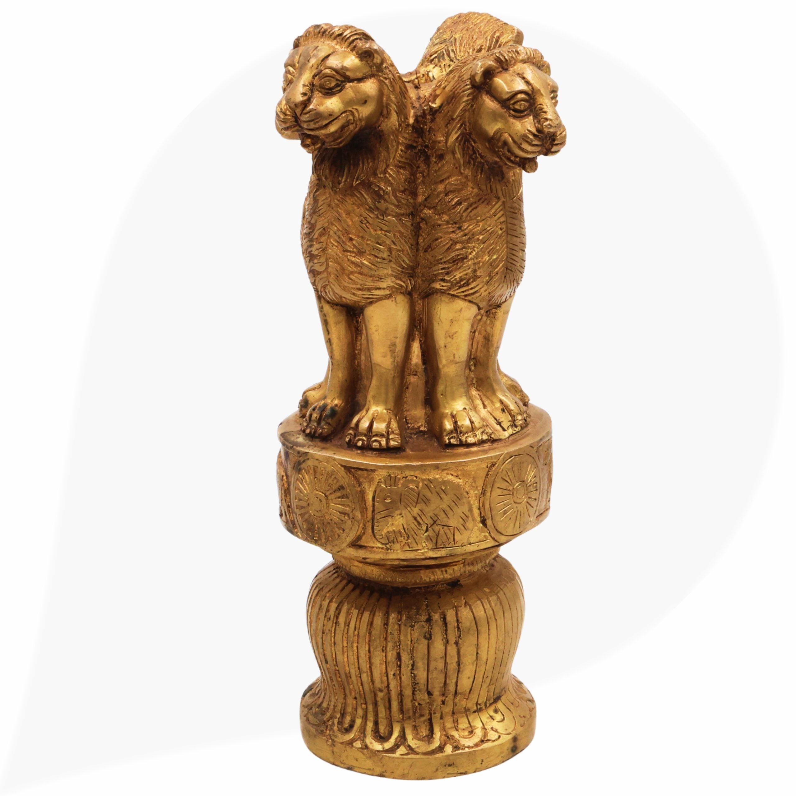 Brass Ashoka Pillar, National Emblem India, Lion Capital, Peetal Pittal Decorative Ashoka Symbol, 3 Lion,Gold, 10 Inch, 1 Piece
