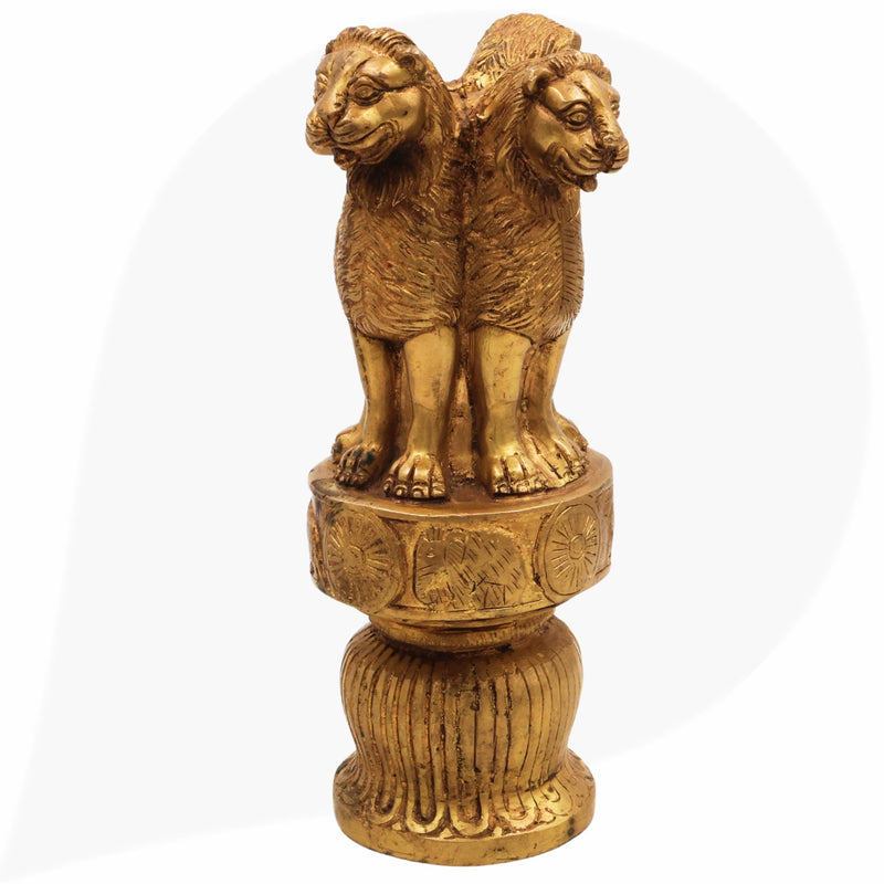 Brass Ashoka Pillar, National Emblem India, Lion Capital, Peetal Pittal Decorative Ashoka Symbol, 3 Lion,Gold, 10 Inch, 1 Piece