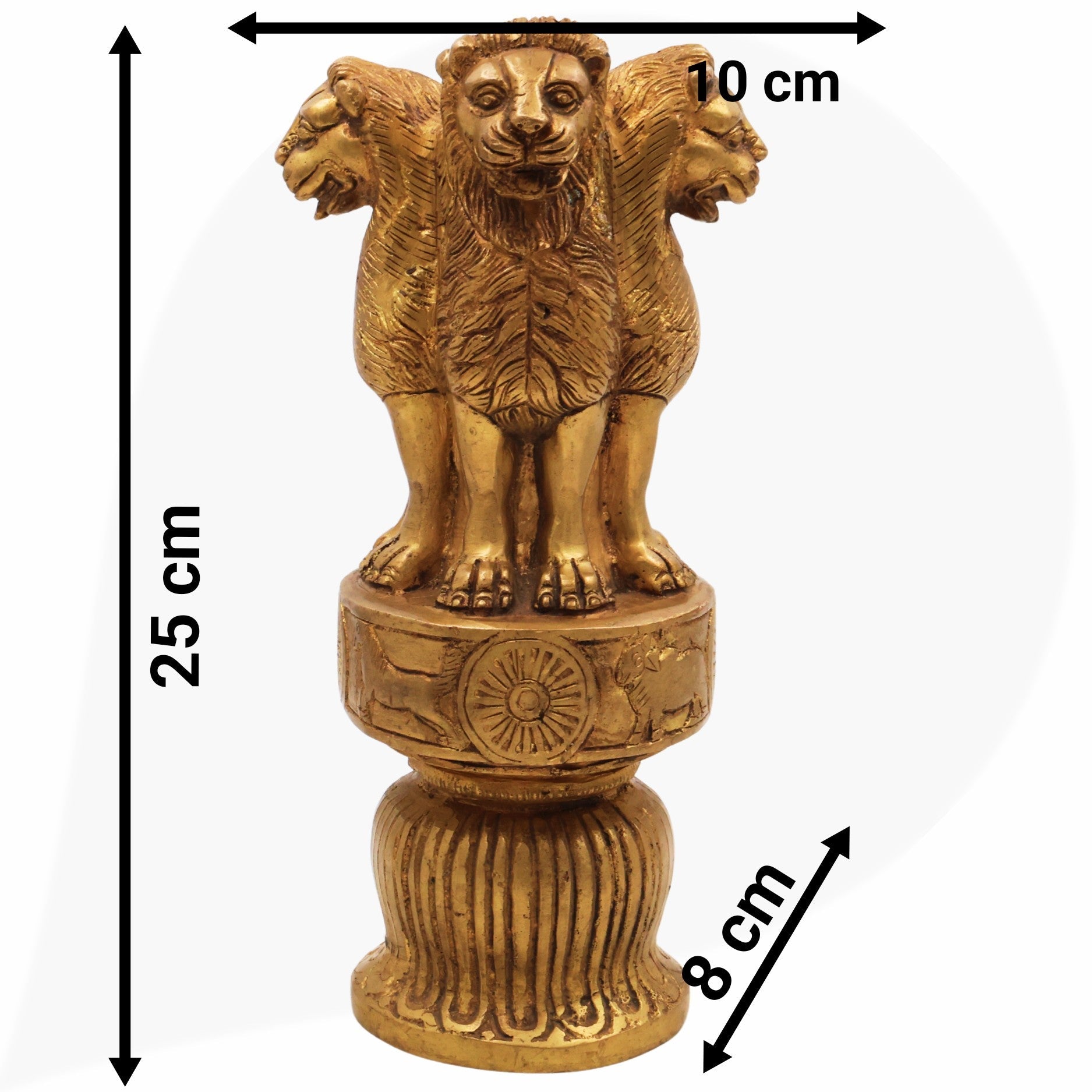 Brass Ashoka Pillar, National Emblem India, Lion Capital, Peetal Pittal Decorative Ashoka Symbol, 3 Lion,Gold, 10 Inch, 1 Piece