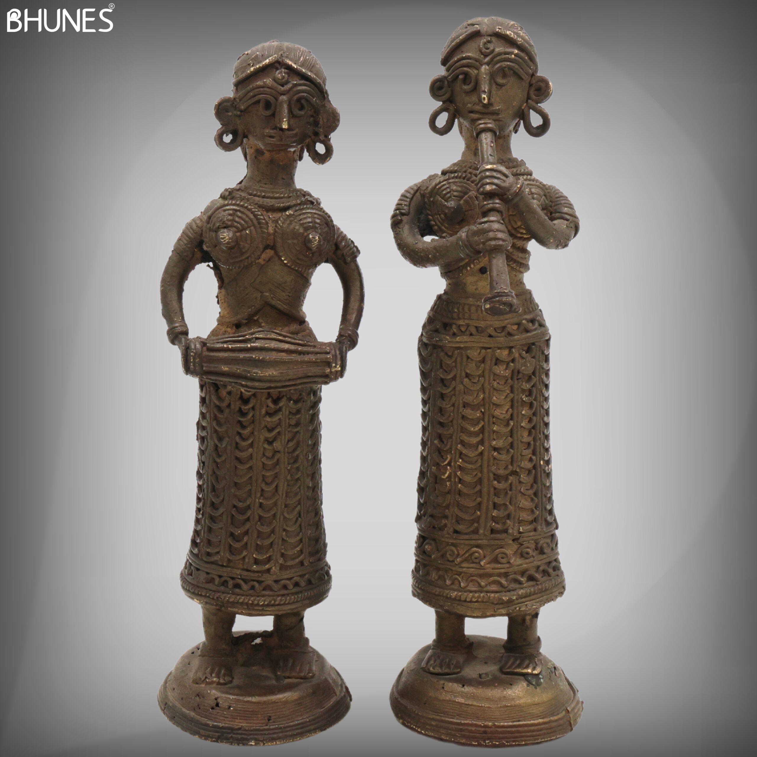 Brass Musical Lady Idol, Sangeetika Raga Woman, Surili Geetika Songstress, Folk Musician Decor Set Of 2 Showpiece, Brown, 3.5 Inch, 1 Piece