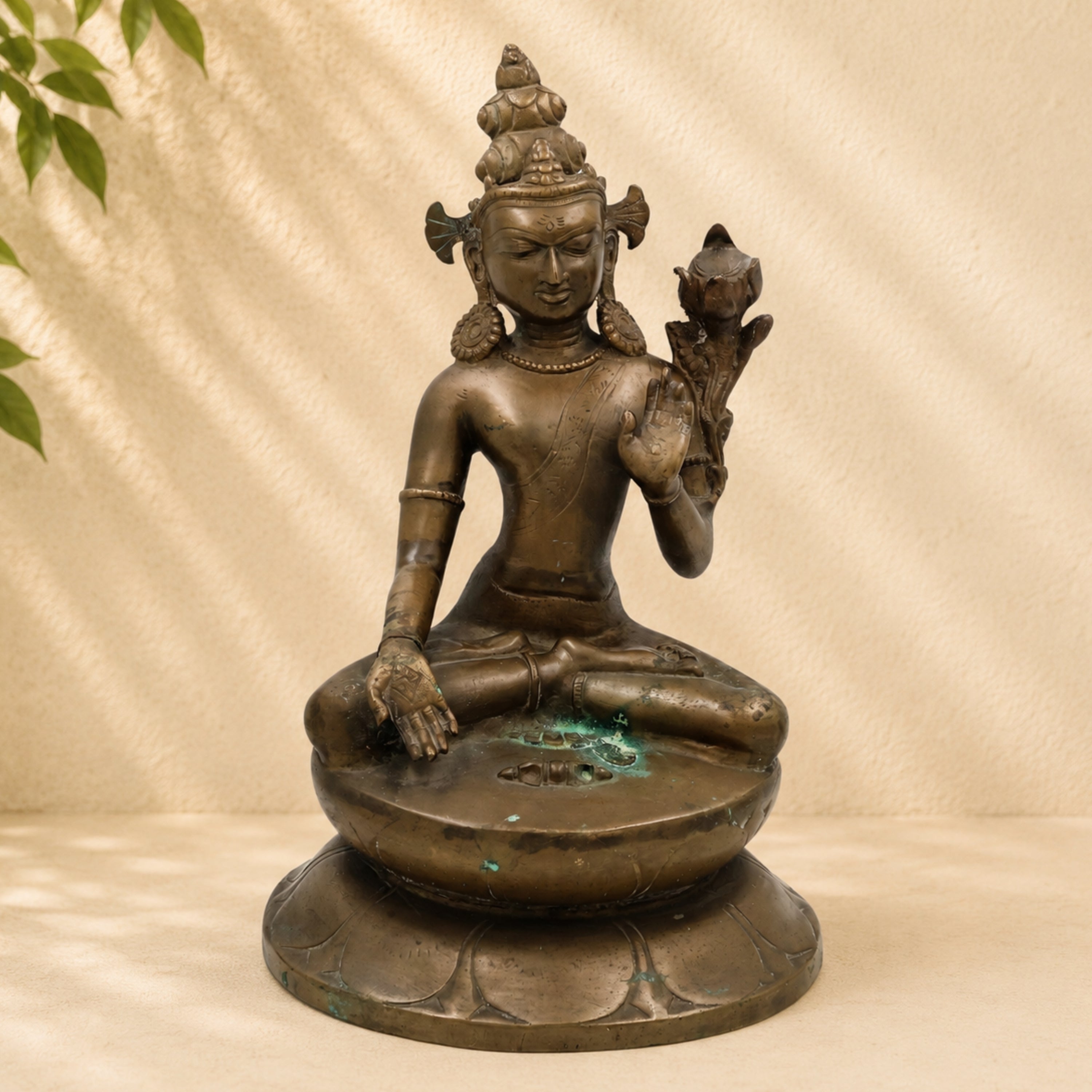 Brass Manjushri Idol | Tibetan Manjushree Buddha Statue | Bodhisattva of Wisdom Murti Vigraha | Handcrafted Antique Buddhist Sculpture for Puja, Temple & Home Decor,Brown, 14 Inch, 1 Piece