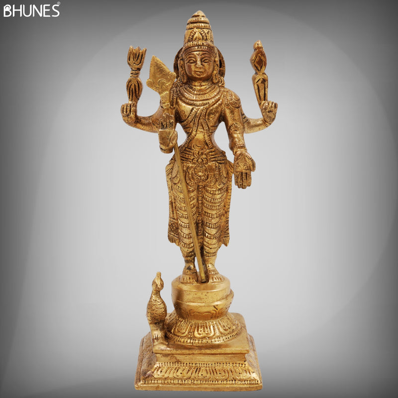 Brass Murugan Idol for Pooja | Kartikeya Skanda Subramanya Shanmukha Kumara Swamy Statue | Handcrafted Vel Murugan Moorti for Home Temple Décor,Gold, 8 Inch, 1 Piece
