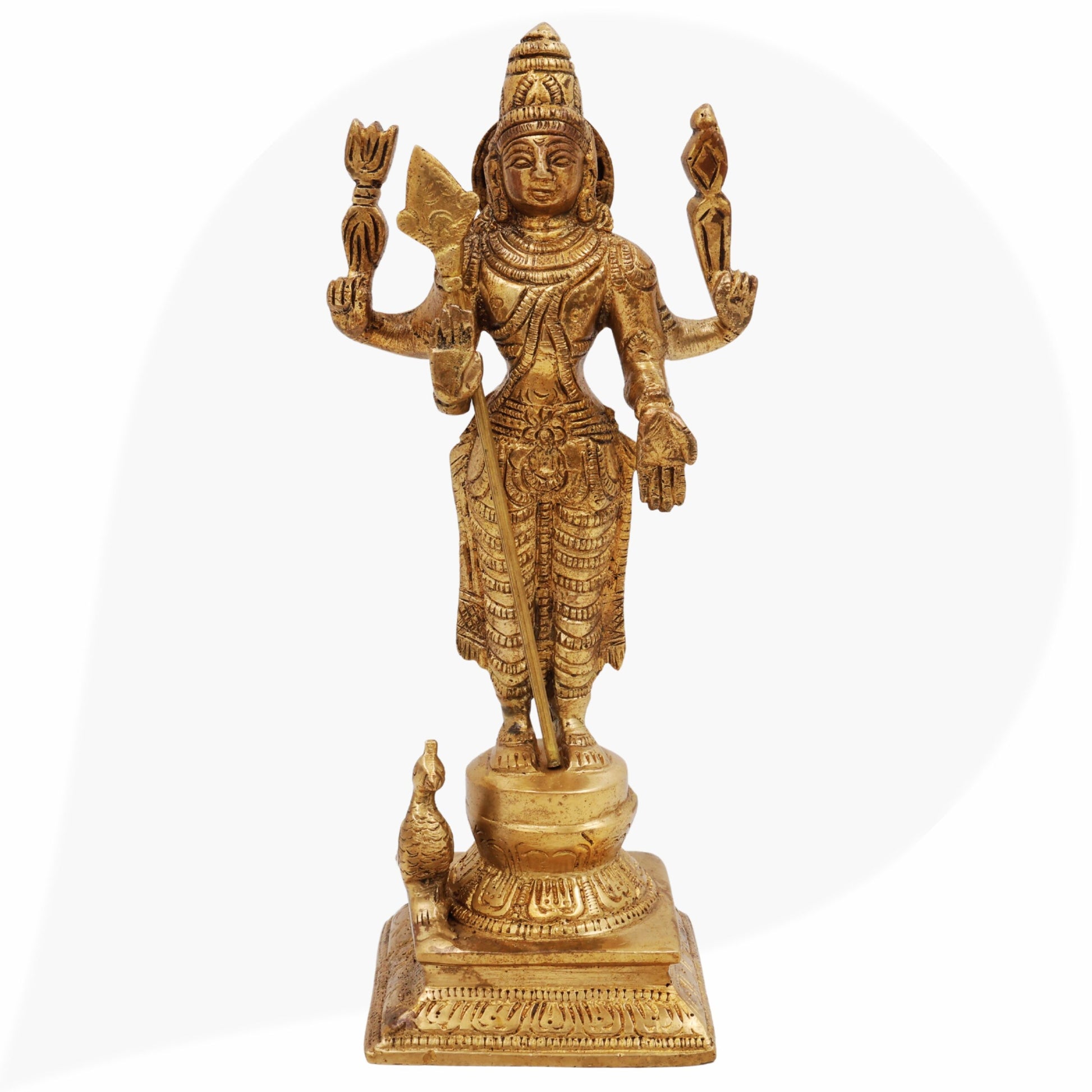 Brass Murugan Idol for Pooja | Kartikeya Skanda Subramanya Shanmukha Kumara Swamy Statue | Handcrafted Vel Murugan Moorti for Home Temple Décor,Gold, 8 Inch, 1 Piece