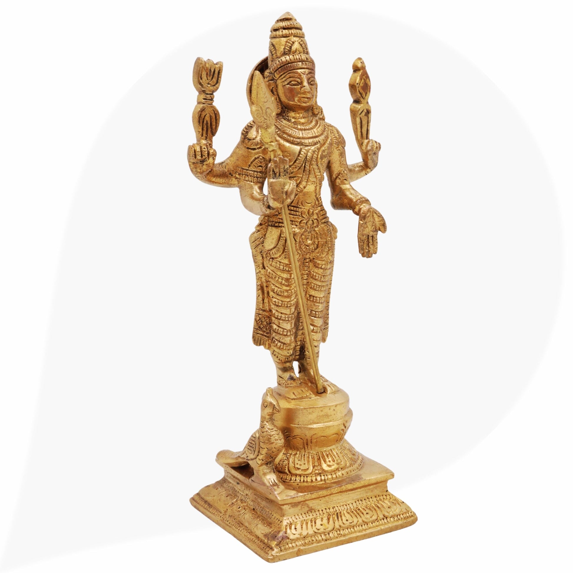 Brass Murugan Idol for Pooja | Kartikeya Skanda Subramanya Shanmukha Kumara Swamy Statue | Handcrafted Vel Murugan Moorti for Home Temple Décor,Gold, 8 Inch, 1 Piece