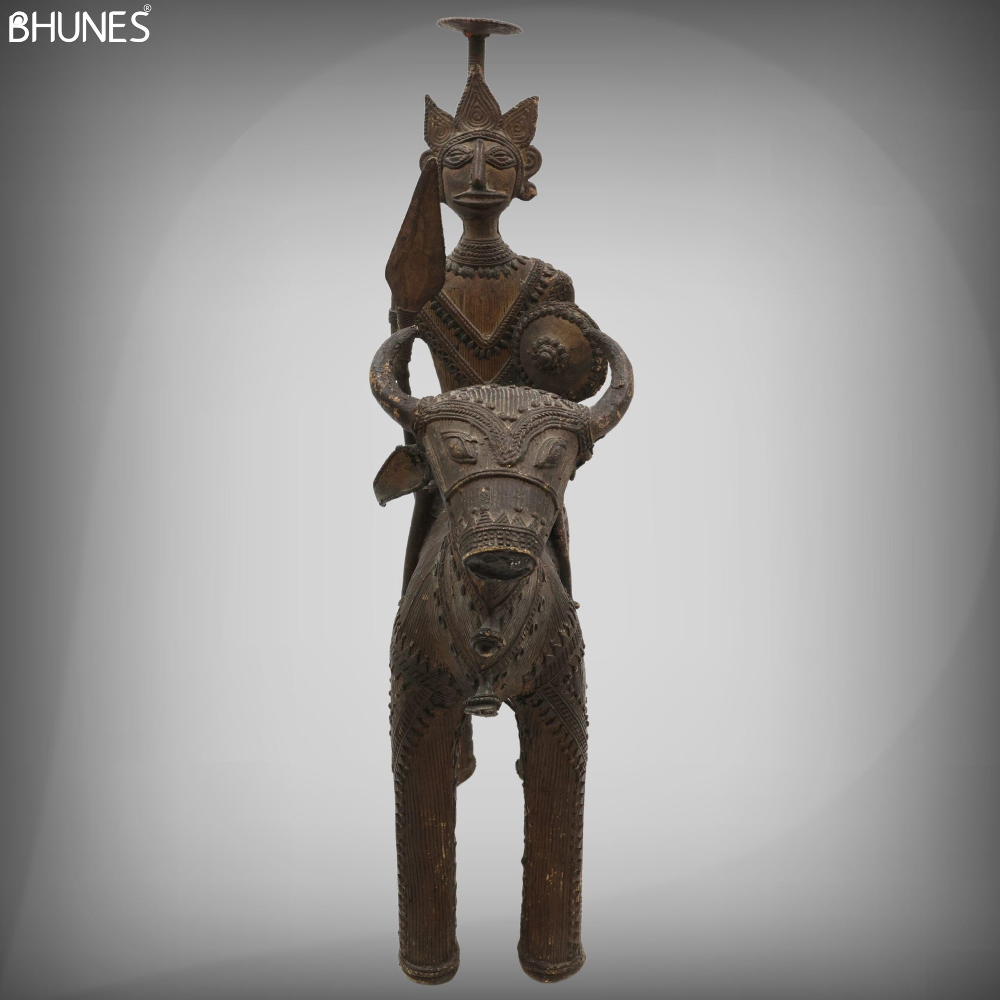 Brass Man on Bull Statue Peetal Pital Pittal Hitale Bastar Dhokra Tribal Art, Bullman Figurine Handcrafted Decor, Brown, 14 Inch, 1 Piece