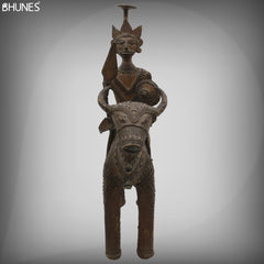 Brass Man on Bull Statue Peetal Pital Pittal Hitale Bastar Dhokra Tribal Art, Bullman Figurine Handcrafted Decor, Brown, 14 Inch, 1 Piece