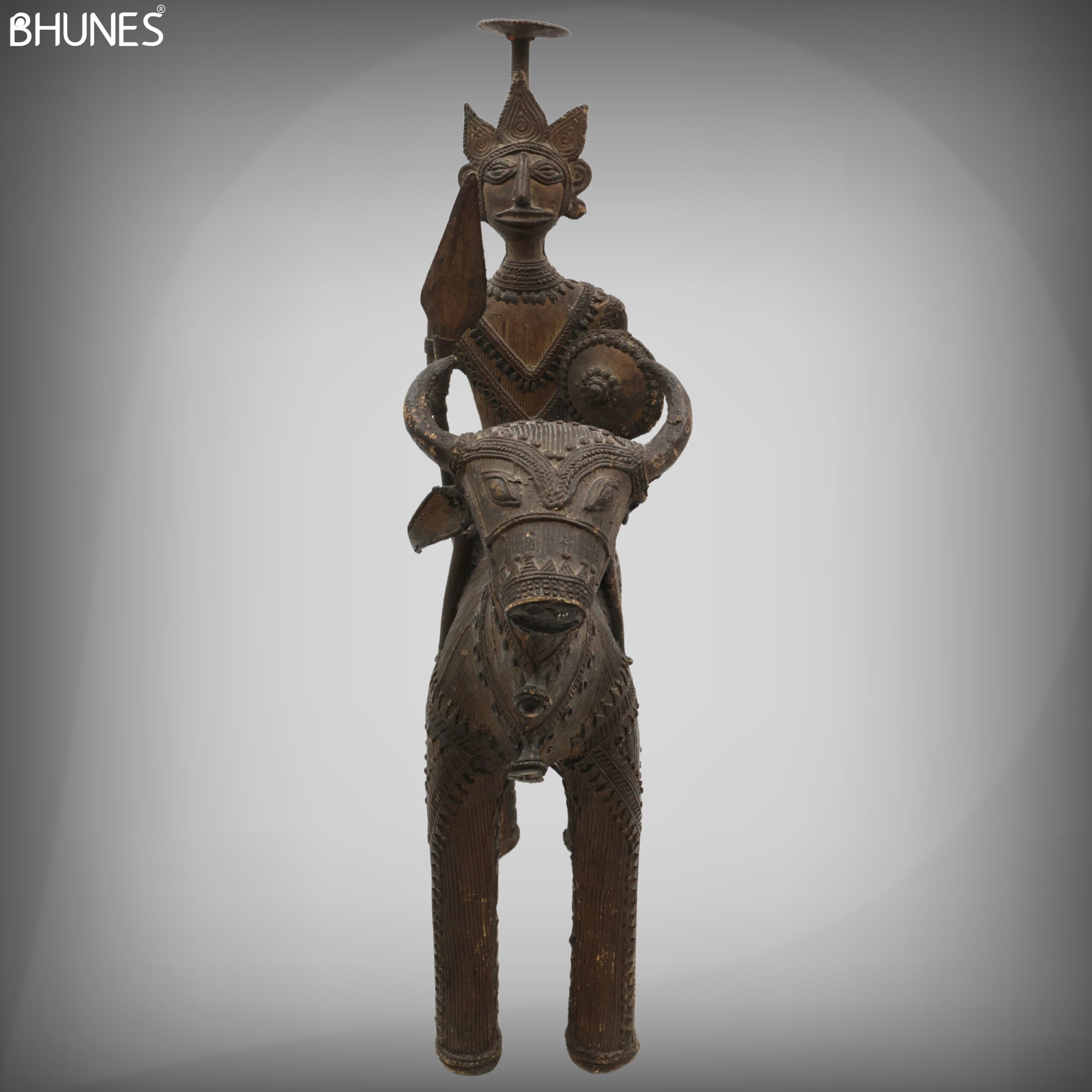 Brass Man on Bull Statue Peetal Pital Pittal Hitale Bastar Dhokra Tribal Art, Bullman Figurine Handcrafted Decor, Brown, 14 Inch, 1 Piece