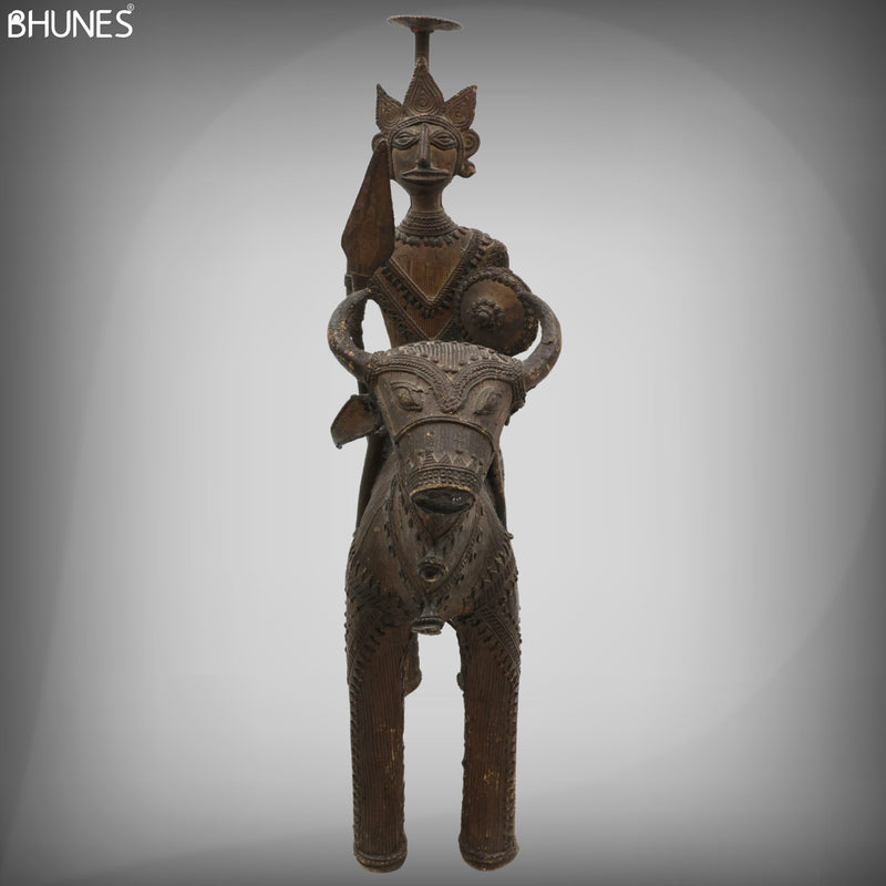 Brass Man on Bull Statue Peetal Pital Pittal Hitale Bastar Dhokra Tribal Art, Bullman Figurine Handcrafted Decor, Brown, 14 Inch, 1 Piece