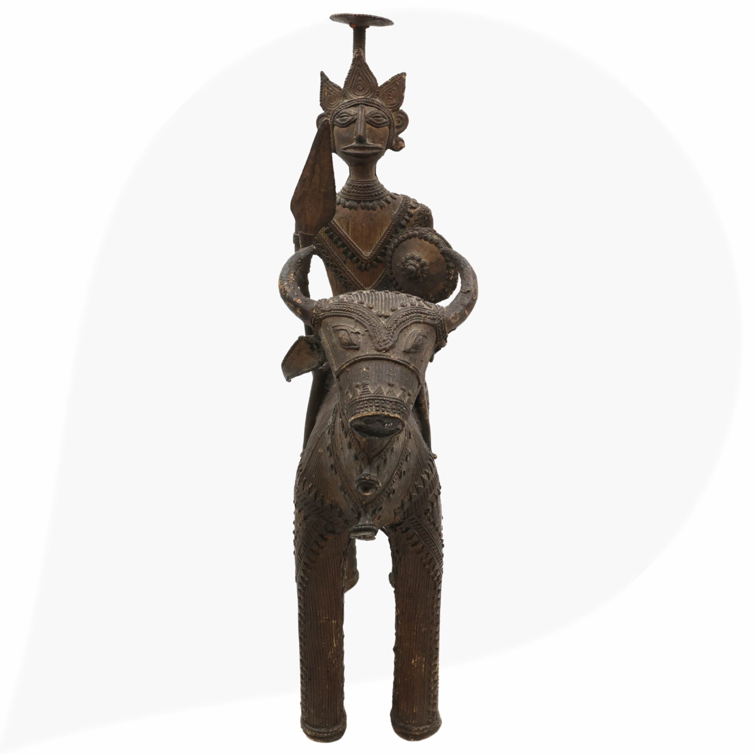 Brass Man on Bull Statue Peetal Pital Pittal Hitale Bastar Dhokra Tribal Art, Bullman Figurine Handcrafted Decor, Brown, 14 Inch, 1 Piece