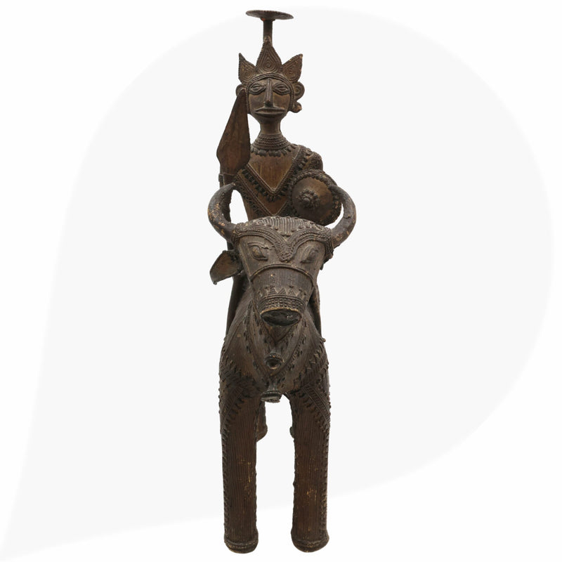 Brass Man on Bull Statue Peetal Pital Pittal Hitale Bastar Dhokra Tribal Art, Bullman Figurine Handcrafted Decor, Brown, 14 Inch, 1 Piece
