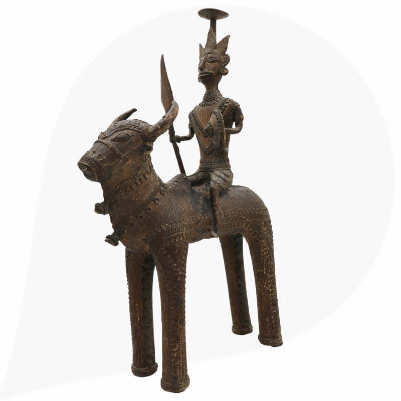Brass Man on Bull Statue Peetal Pital Pittal Hitale Bastar Dhokra Tribal Art, Bullman Figurine Handcrafted Decor, Brown, 14 Inch, 1 Piece