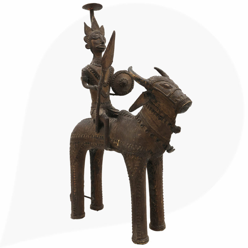 Brass Man on Bull Statue Peetal Pital Pittal Hitale Bastar Dhokra Tribal Art, Bullman Figurine Handcrafted Decor, Brown, 14 Inch, 1 Piece