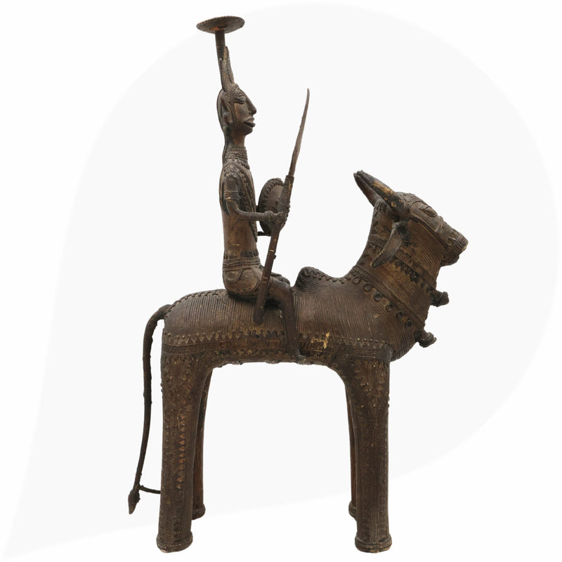 Brass Man on Bull Statue Peetal Pital Pittal Hitale Bastar Dhokra Tribal Art, Bullman Figurine Handcrafted Decor, Brown, 14 Inch, 1 Piece