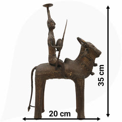 Brass Man on Bull Statue Peetal Pital Pittal Hitale Bastar Dhokra Tribal Art, Bullman Figurine Handcrafted Decor, Brown, 14 Inch, 1 Piece