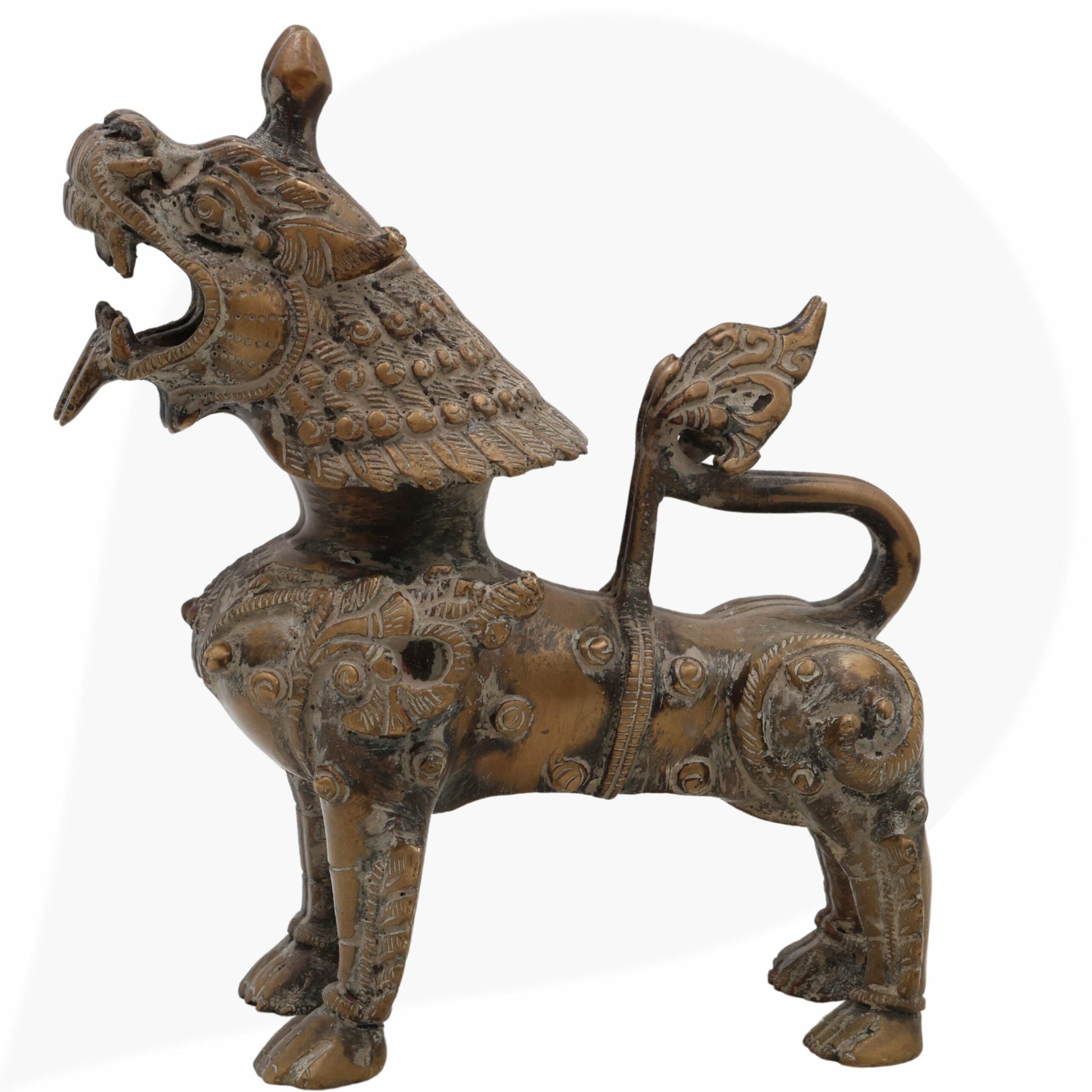 Brass Singha Idol, Yali Statue, Foo Dog, Guardian Lion, Temple Lion, Shishi, Feng Shui Lion, Peetal Lion Sculpture for Home & Office Decor,Black, 7 Inch, 1 Piece