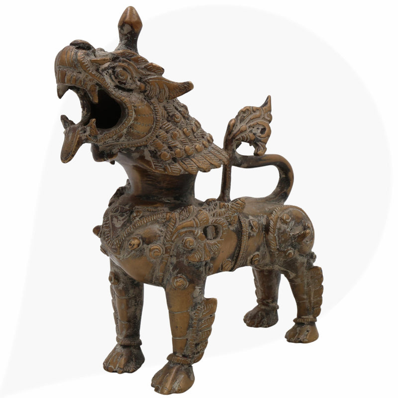 Brass Singha Idol, Yali Statue, Foo Dog, Guardian Lion, Temple Lion, Shishi, Feng Shui Lion, Peetal Lion Sculpture for Home & Office Decor,Black, 7 Inch, 1 Piece