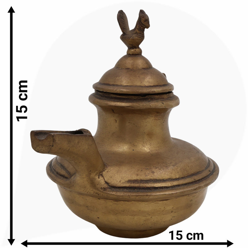 Brass Antique Oil Lamp Deepam, Traditional Kerala Nilavilakku Diya, Vintage Pital Peetal Pooja Deepam, Gold, 6 Inch, 1 Piece
