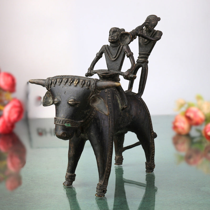 Brass Dogra Musical Set on Buffalo | Bastar Tribal Art Sculpture | Handcrafted Indian Folk Brass Decor,Black, 7 Inch, 1 Piece