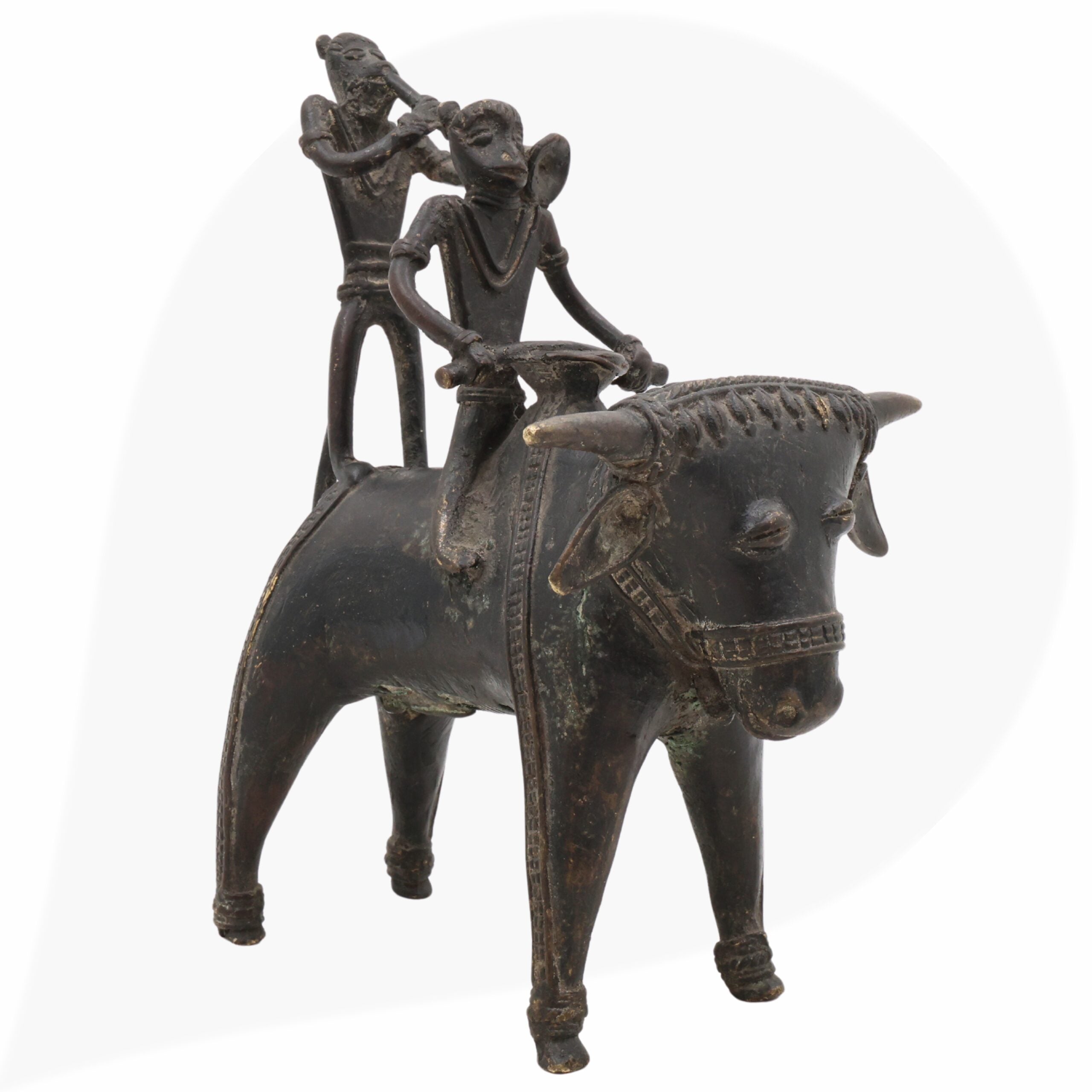 Brass Dogra Musical Set on Buffalo | Bastar Tribal Art Sculpture | Handcrafted Indian Folk Brass Decor,Black, 7 Inch, 1 Piece
