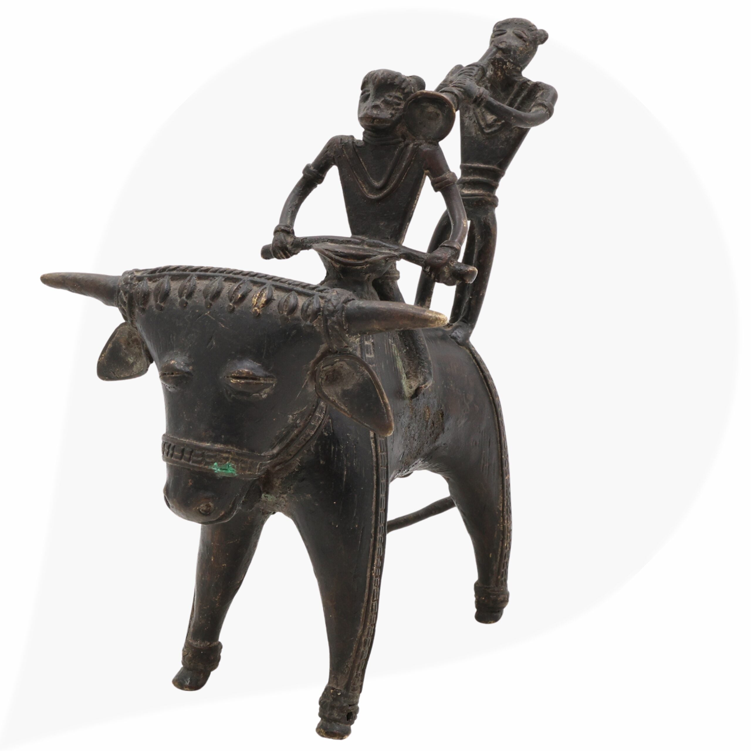 Brass Dogra Musical Set on Buffalo | Bastar Tribal Art Sculpture | Handcrafted Indian Folk Brass Decor,Black, 7 Inch, 1 Piece