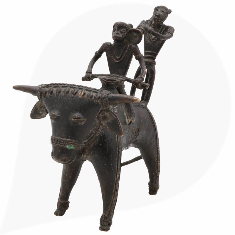 Brass Dogra Musical Set on Buffalo | Bastar Tribal Art Sculpture | Handcrafted Indian Folk Brass Decor,Black, 7 Inch, 1 Piece