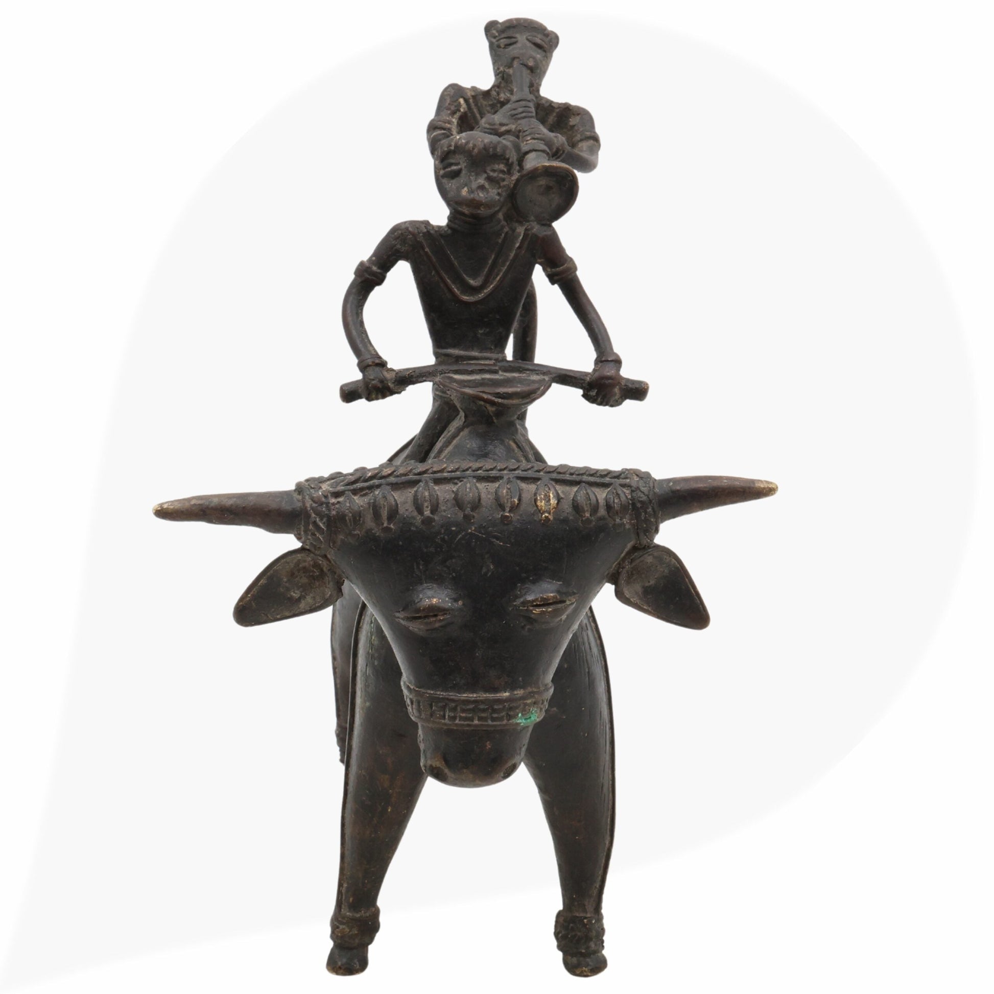 Brass Dogra Musical Set on Buffalo | Bastar Tribal Art Sculpture | Handcrafted Indian Folk Brass Decor,Black, 7 Inch, 1 Piece