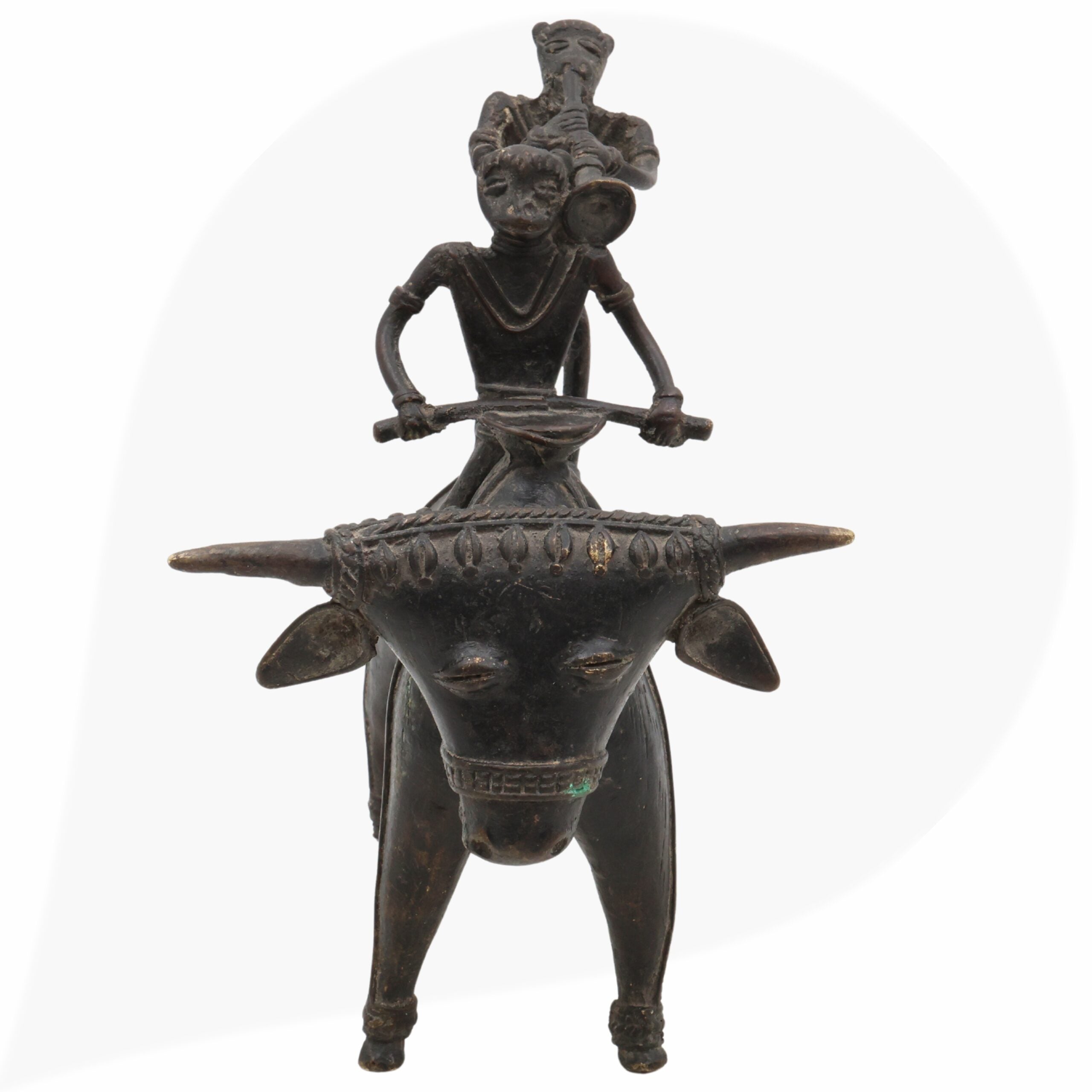 Brass Dogra Musical Set on Buffalo | Bastar Tribal Art Sculpture | Handcrafted Indian Folk Brass Decor,Black, 7 Inch, 1 Piece