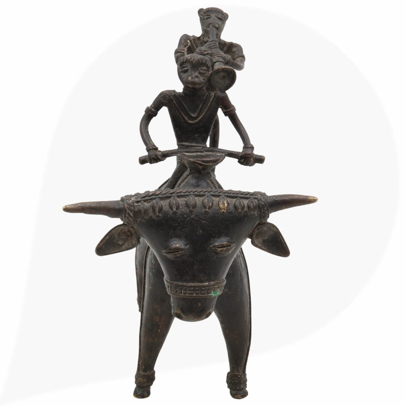 Brass Dogra Musical Set on Buffalo | Bastar Tribal Art Sculpture | Handcrafted Indian Folk Brass Decor,Black, 7 Inch, 1 Piece