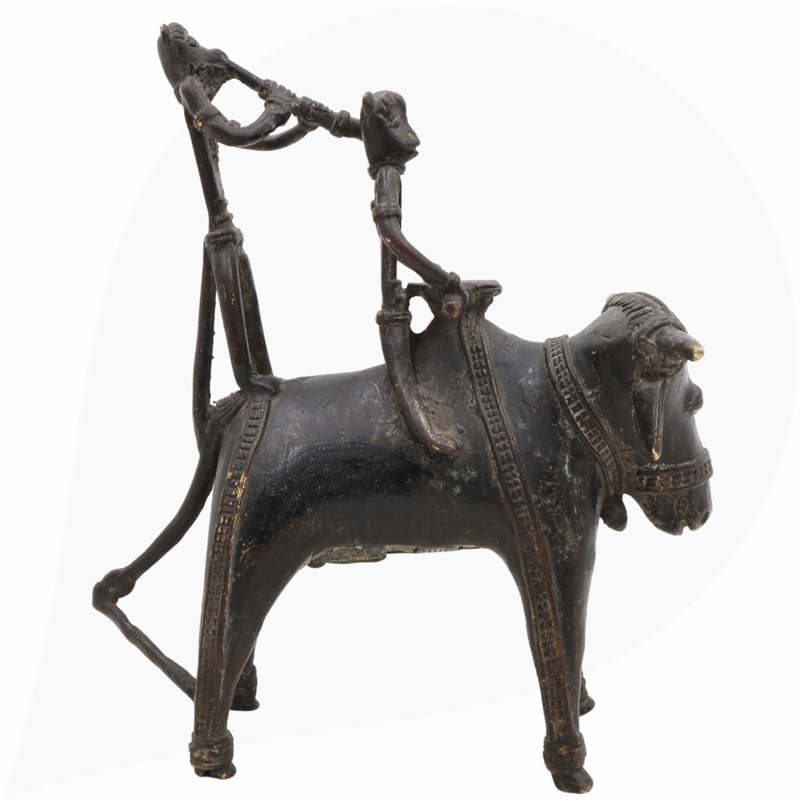 Brass Dogra Musical Set on Buffalo | Bastar Tribal Art Sculpture | Handcrafted Indian Folk Brass Decor,Black, 7 Inch, 1 Piece