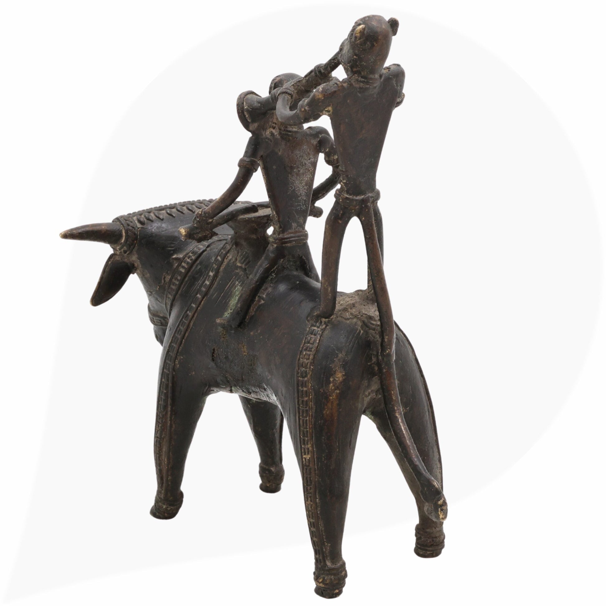 Brass Dogra Musical Set on Buffalo | Bastar Tribal Art Sculpture | Handcrafted Indian Folk Brass Decor,Black, 7 Inch, 1 Piece