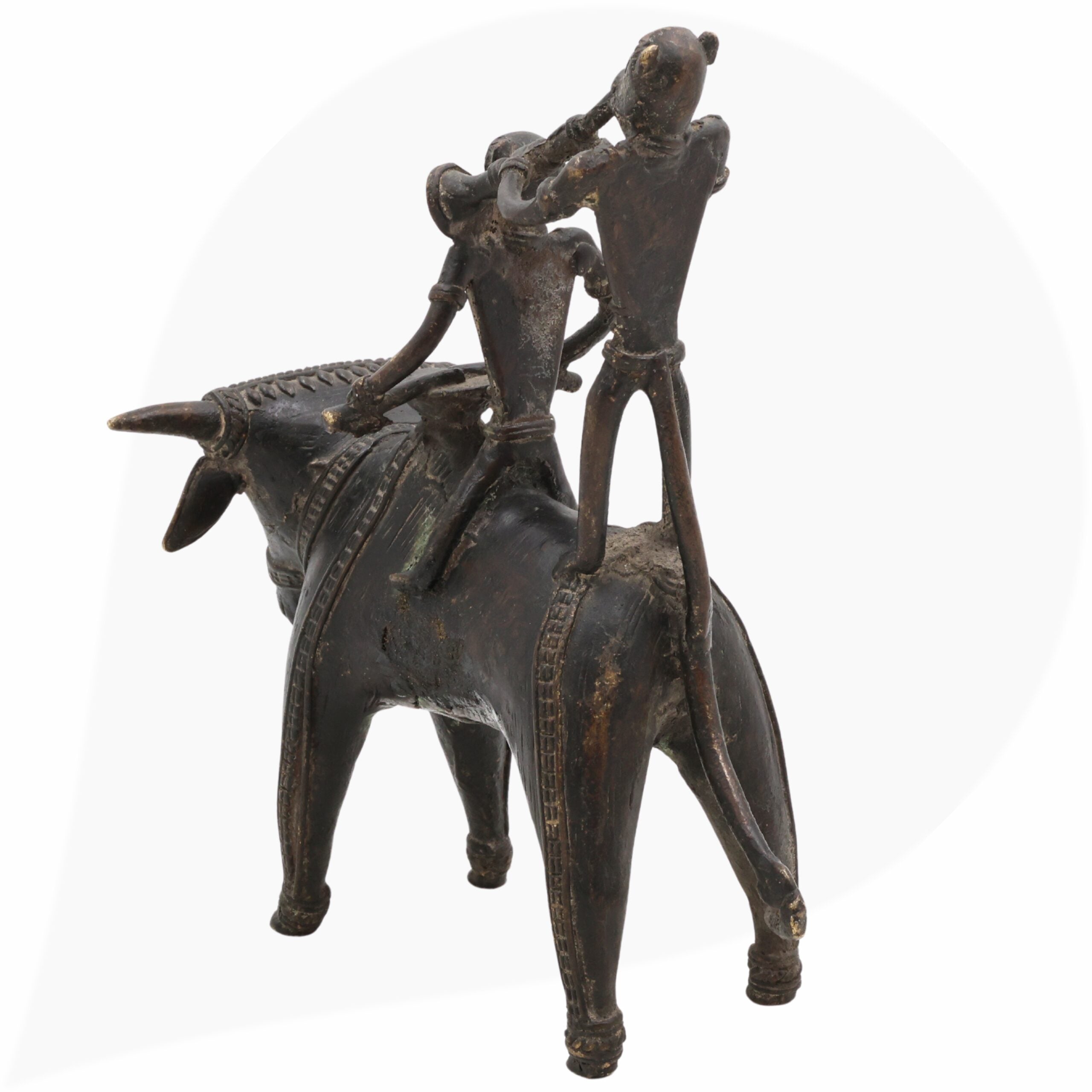 Brass Dogra Musical Set on Buffalo | Bastar Tribal Art Sculpture | Handcrafted Indian Folk Brass Decor,Black, 7 Inch, 1 Piece