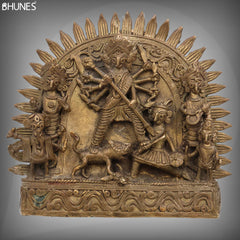 Brass Durga Idol, Peetal Mahishasura Mardini Murti, Ashtadhatu Shakti Devi Statue for Pooja & Home Decor, Brown, 6 Inch, 1 Piece