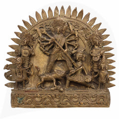 Brass Durga Idol, Peetal Mahishasura Mardini Murti, Ashtadhatu Shakti Devi Statue for Pooja & Home Decor, Brown, 6 Inch, 1 Piece