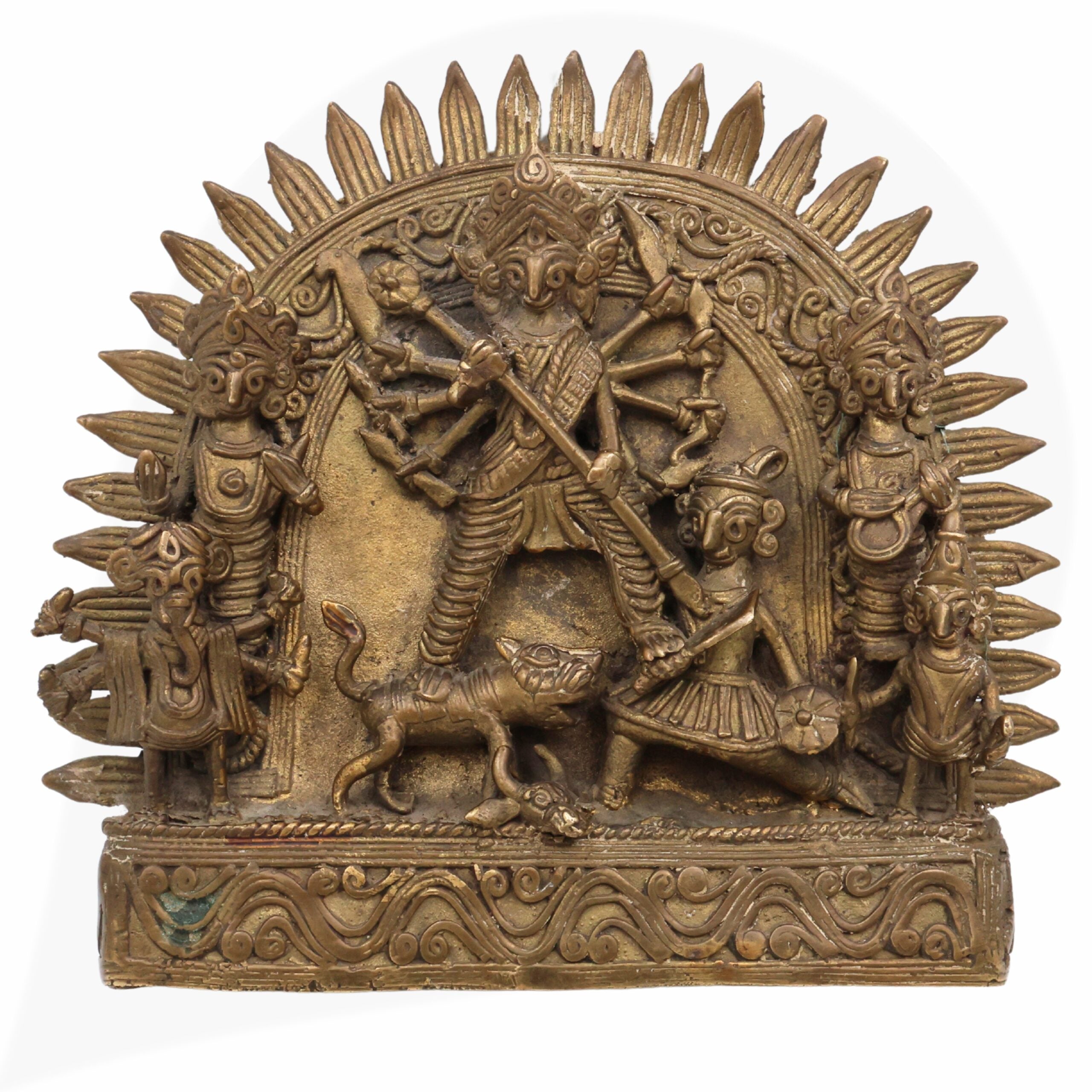 Brass Durga Idol, Peetal Mahishasura Mardini Murti, Ashtadhatu Shakti Devi Statue for Pooja & Home Decor, Brown, 6 Inch, 1 Piece