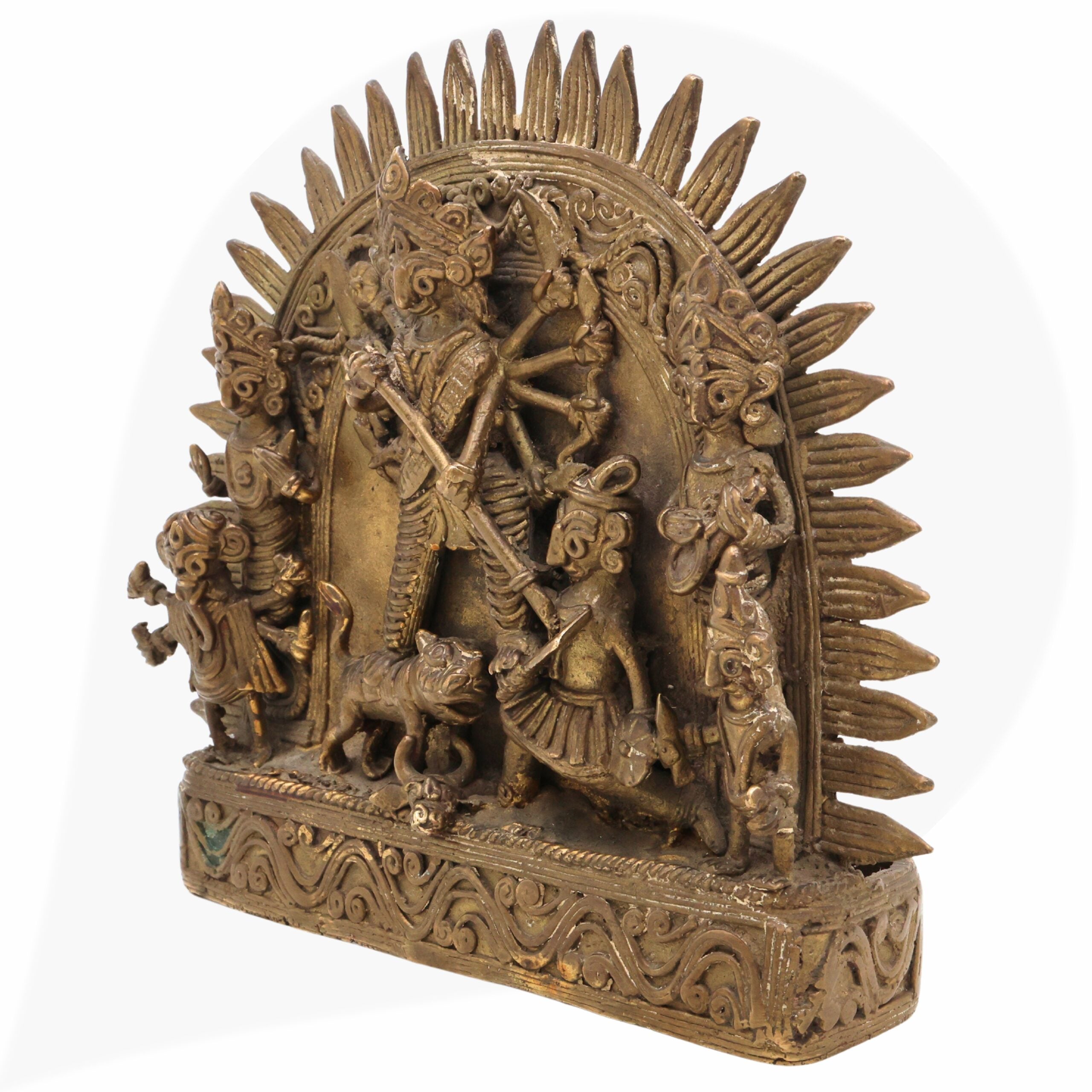 Brass Durga Idol, Peetal Mahishasura Mardini Murti, Ashtadhatu Shakti Devi Statue for Pooja & Home Decor, Brown, 6 Inch, 1 Piece