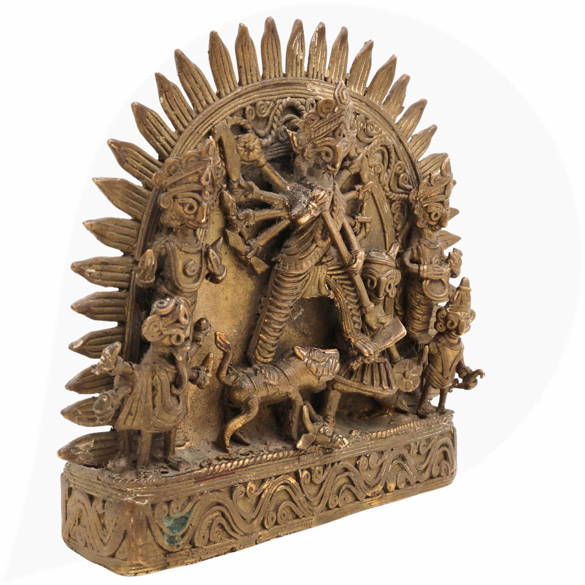 Brass Durga Idol, Peetal Mahishasura Mardini Murti, Ashtadhatu Shakti Devi Statue for Pooja & Home Decor, Brown, 6 Inch, 1 Piece